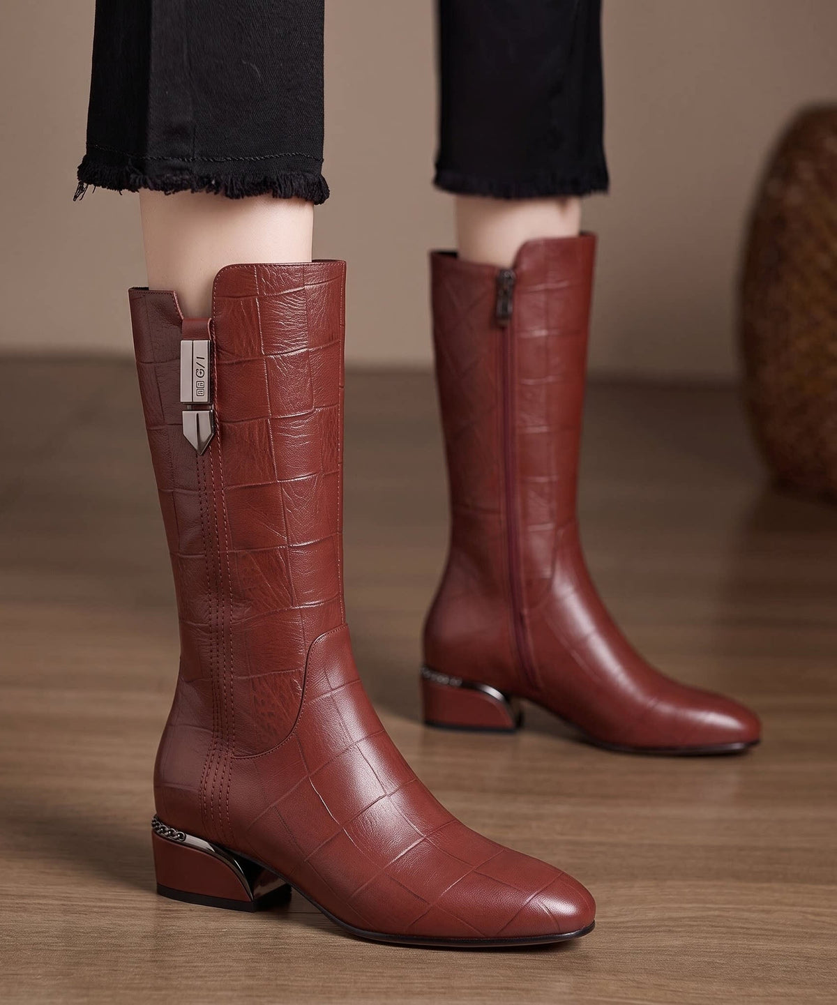 Black Boots Faux Leather Unique Warm Fleece Boots