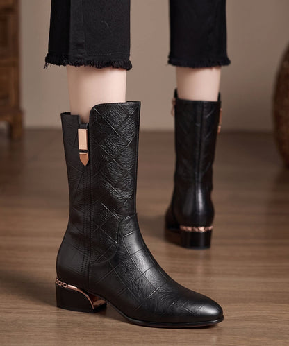 Black Boots Faux Leather Unique Warm Fleece Boots