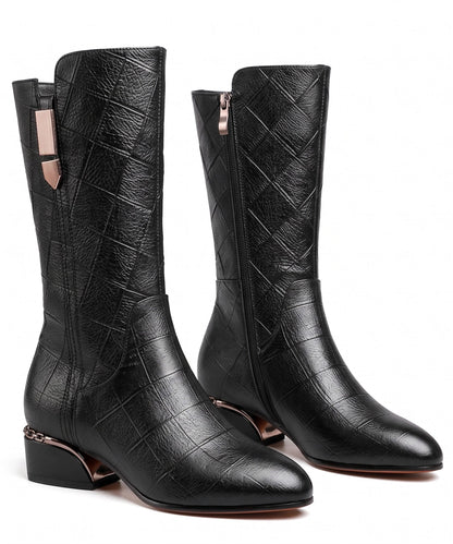 Black Boots Faux Leather Unique Warm Fleece Boots