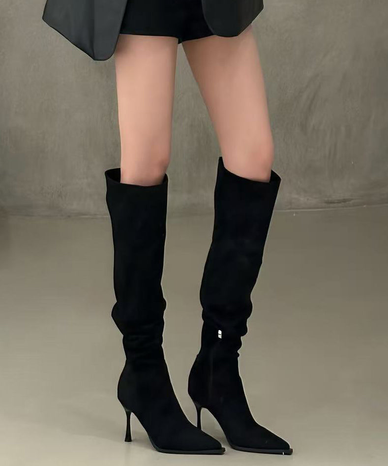 Black Boots Stiletto Faux Leather Women Pointed Toe Boots