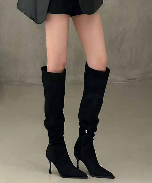 Black Boots Stiletto Faux Leather Women Pointed Toe Boots
