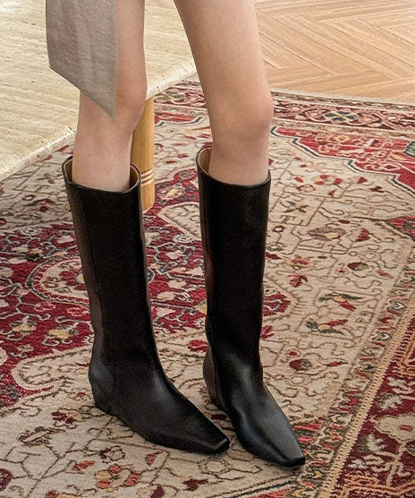 Black Boots Wedge Faux Leather Classy Knne Boots
