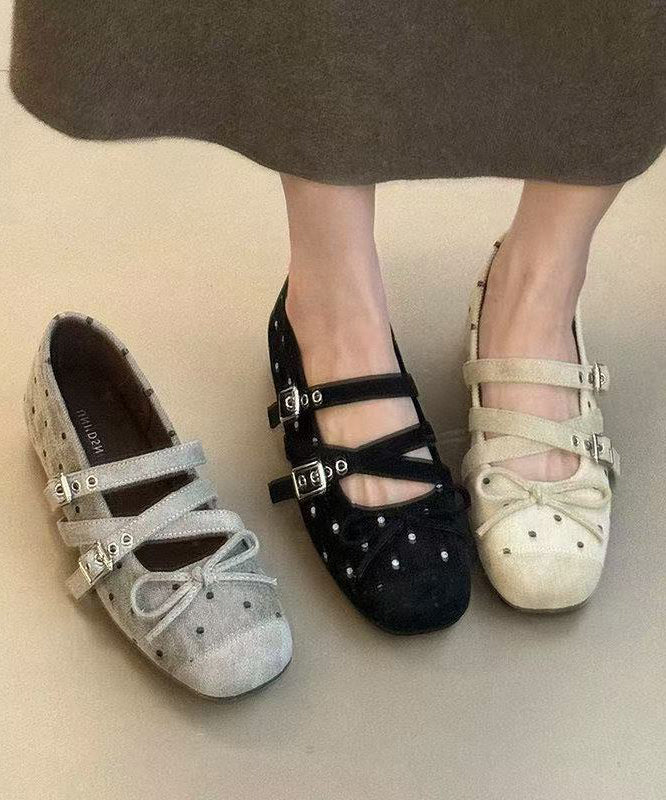 Black Bow Buckle Strap Splicing Flat Shoes For Women