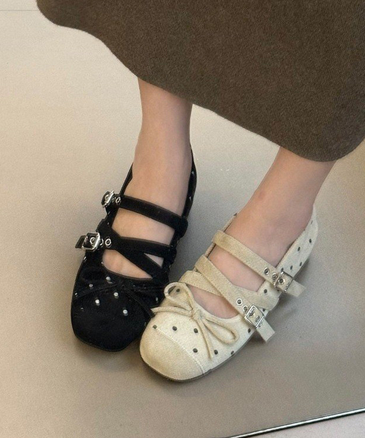 Black Bow Buckle Strap Splicing Flat Shoes For Women