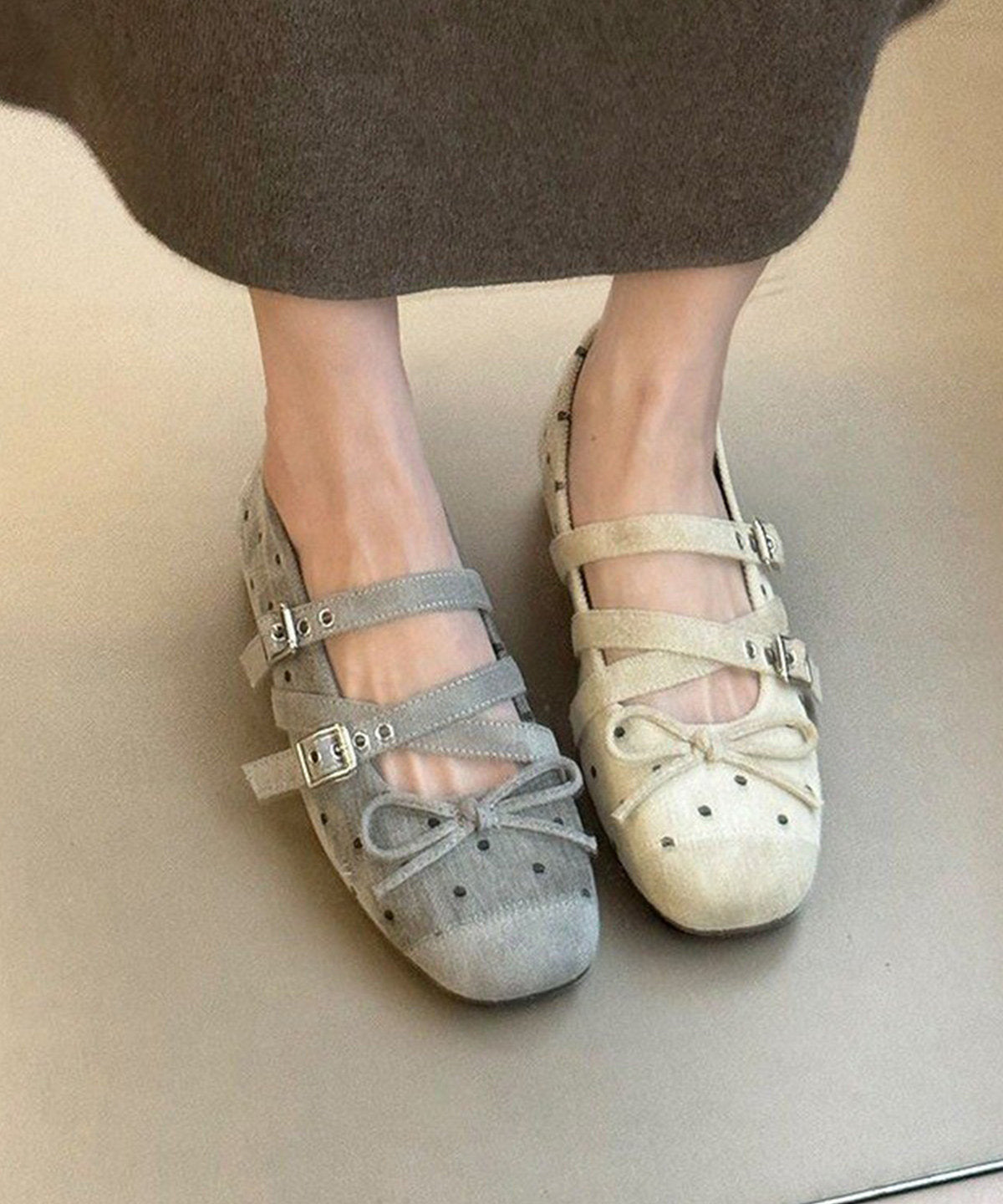 Black Bow Buckle Strap Splicing Flat Shoes For Women