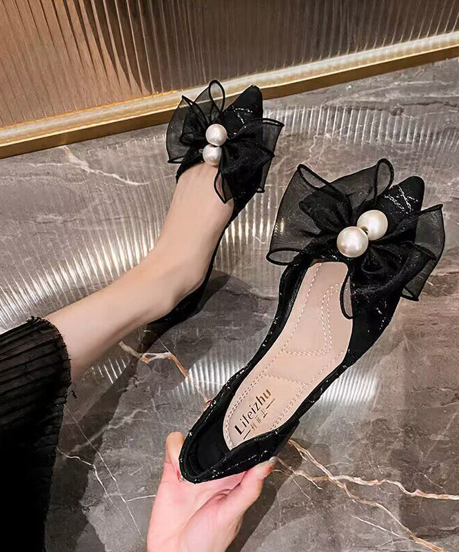 Black Bow Flats Faux Leather Fine Pearl Flat Shoes For Women