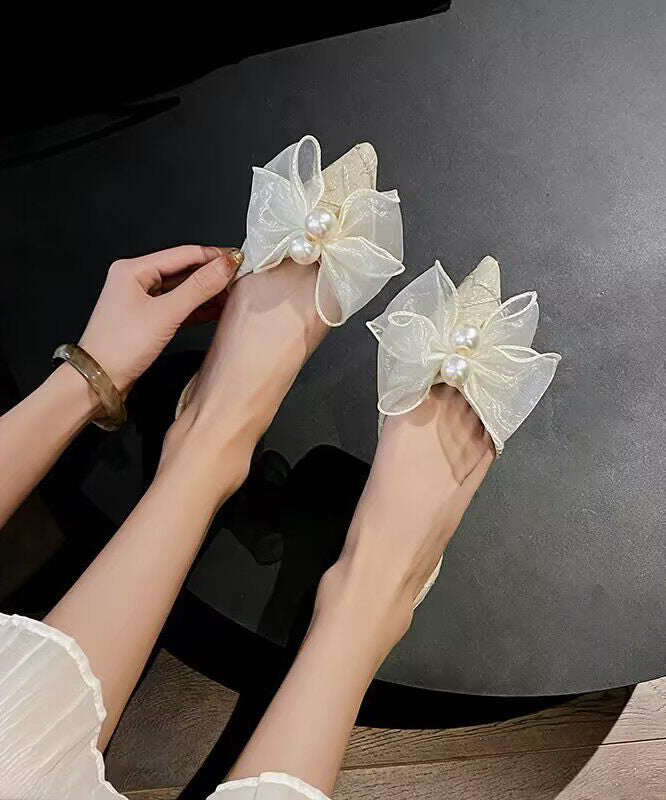 Black Bow Flats Faux Leather Fine Pearl Flat Shoes For Women