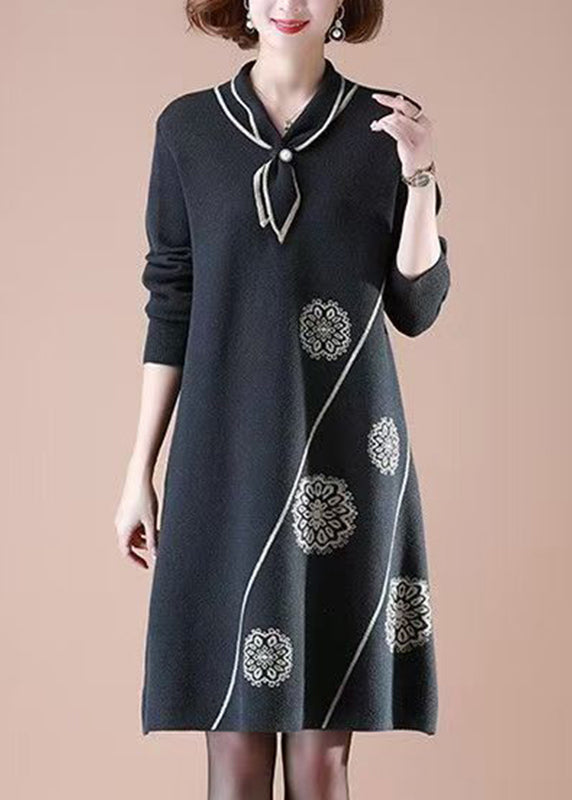 Black Bow Print Cotton Knit Maxi Sweater Dress Long Sleeve