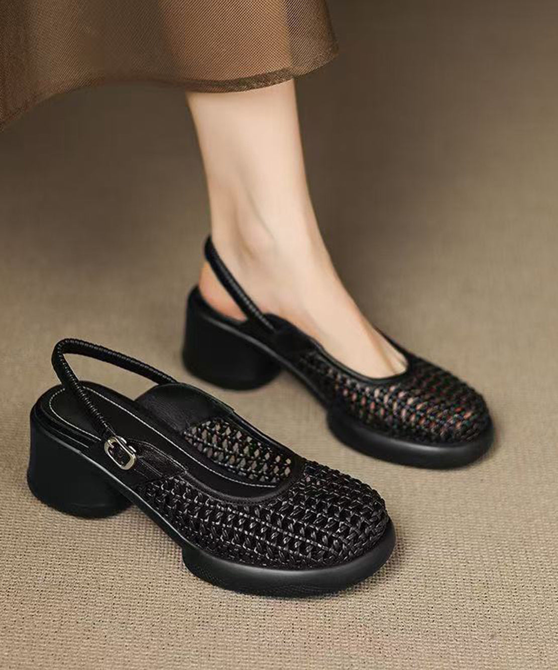 Black Buckle Strap Hollow Out Woven Chunky Genuine Leather High Heel Sandals