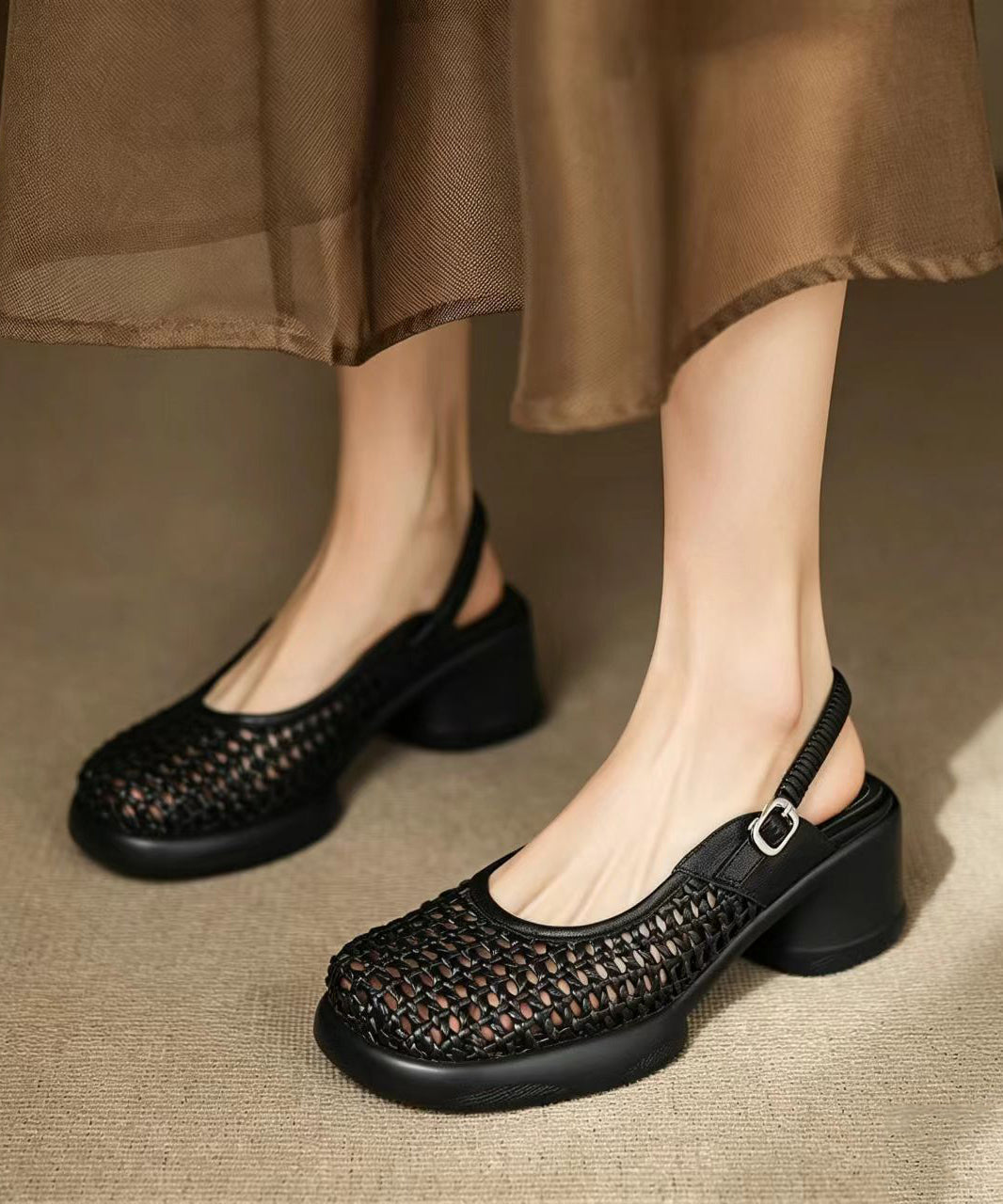 Black Buckle Strap Hollow Out Woven Chunky Genuine Leather High Heel Sandals