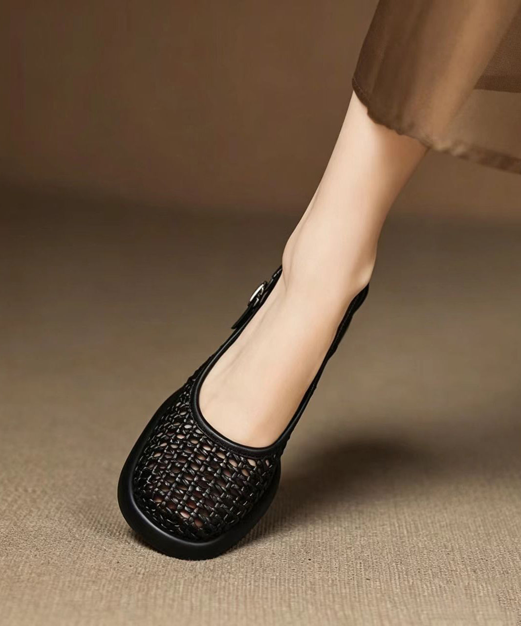 Black Buckle Strap Hollow Out Woven Chunky Genuine Leather High Heel Sandals