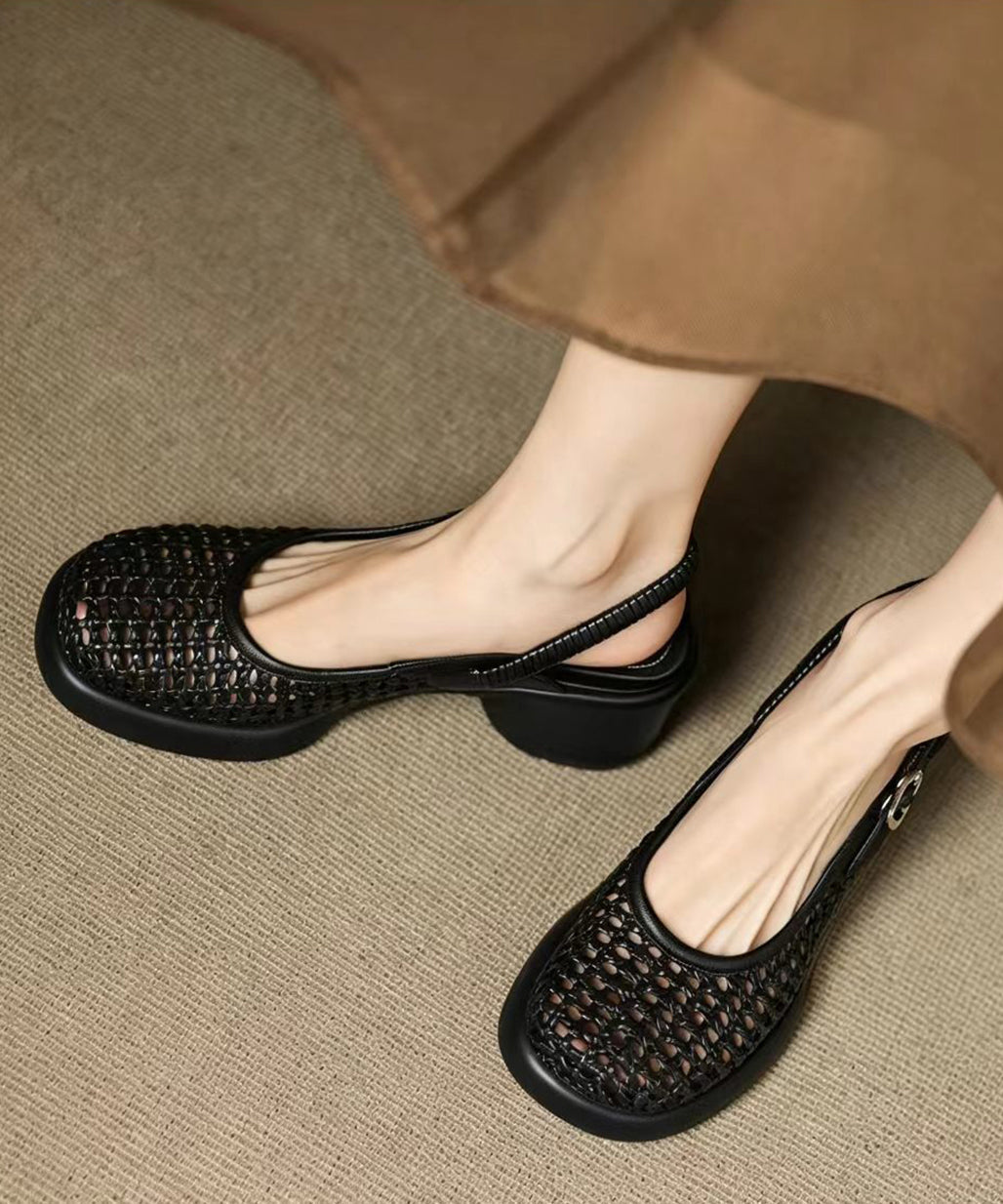 Black Buckle Strap Hollow Out Woven Chunky Genuine Leather High Heel Sandals