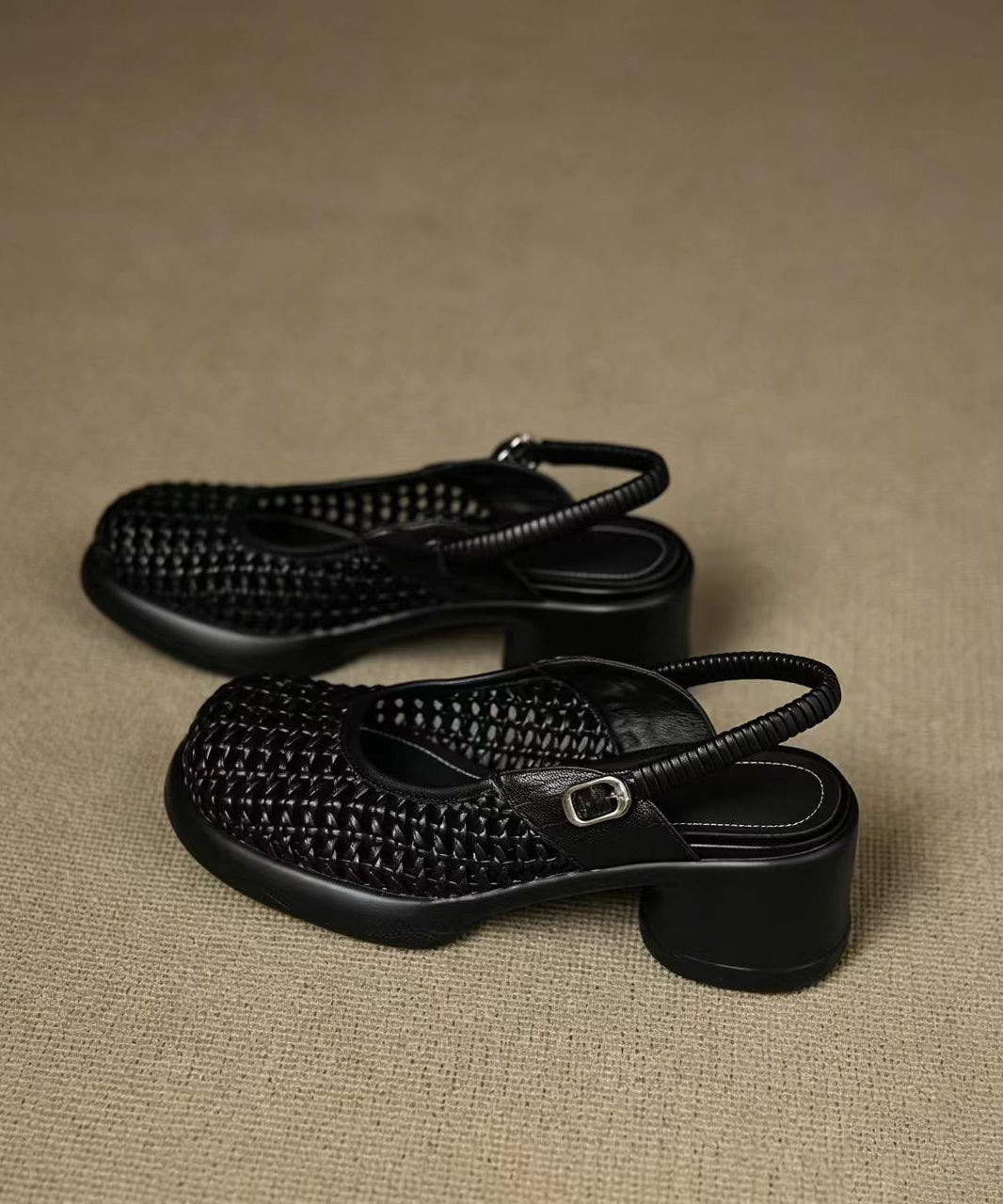 Black Buckle Strap Hollow Out Woven Chunky Genuine Leather High Heel Sandals