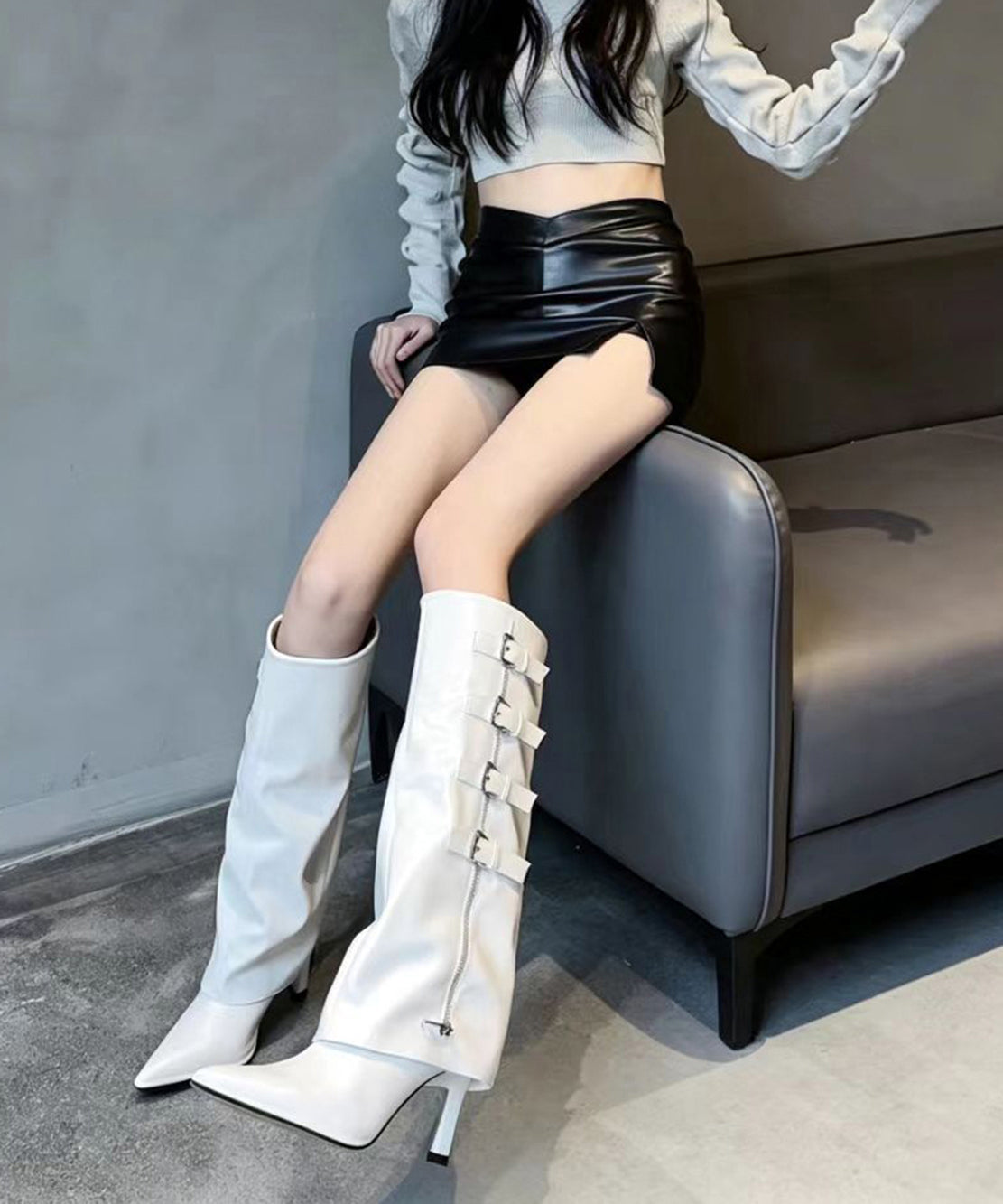 Black Buckle Strap Pointed Toe Stiletto Wide Leg Knee High Boots