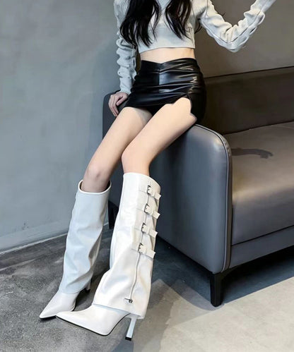 Black Buckle Strap Pointed Toe Stiletto Wide Leg Knee High Boots