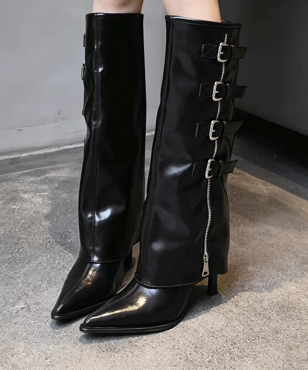 Black Buckle Strap Pointed Toe Stiletto Wide Leg Knee High Boots