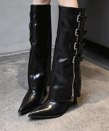 Black Buckle Strap Pointed Toe Stiletto Wide Leg Knee High Boots