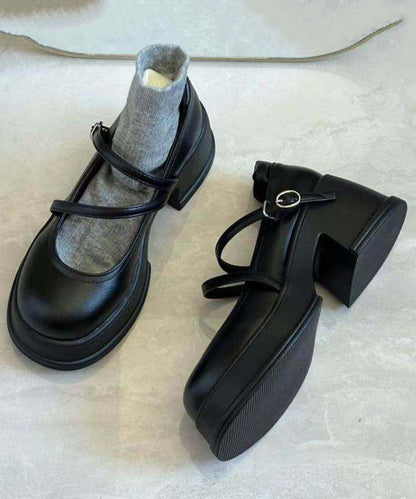 Black Buckle Strap Splicing Chunky High Heels Black Faux Leather