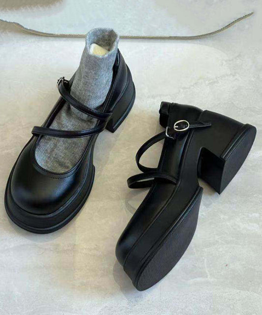 Black Buckle Strap Splicing Chunky High Heels Black Faux Leather