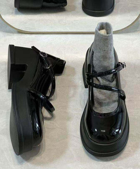 Black Buckle Strap Splicing Chunky High Heels Black Faux Leather