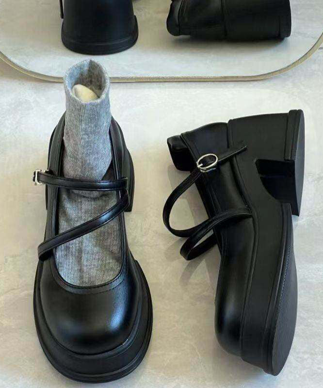 Black Buckle Strap Splicing Chunky High Heels Black Faux Leather