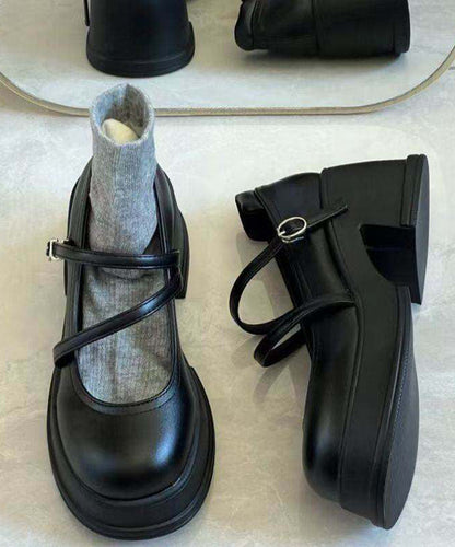 Black Buckle Strap Splicing Chunky High Heels Black Faux Leather