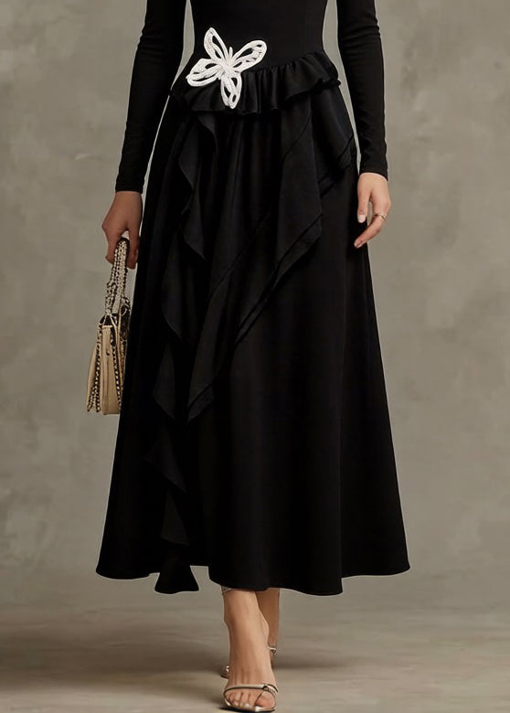 Black Butterfly Ruffled Cotton Long Dresses Asymmetrical Spring