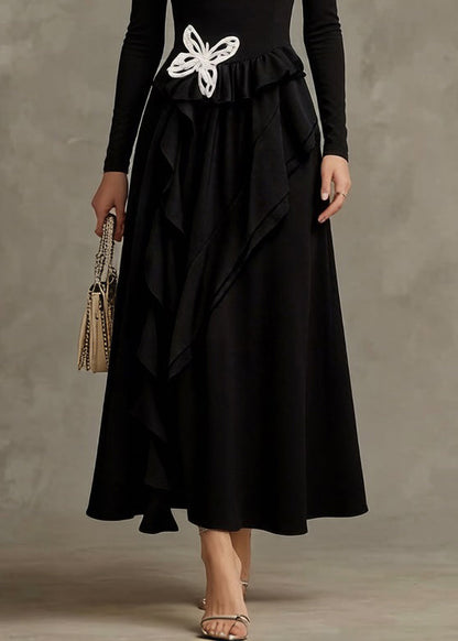 Black Butterfly Ruffled Cotton Long Dresses Asymmetrical Spring