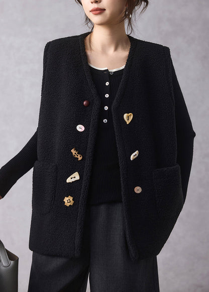 Black Button Faux Fur Waistcoat V Neck Sleeveless