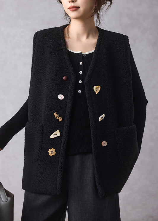 Black Button Faux Fur Waistcoat V Neck Sleeveless