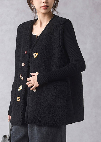 Black Button Faux Fur Waistcoat V Neck Sleeveless