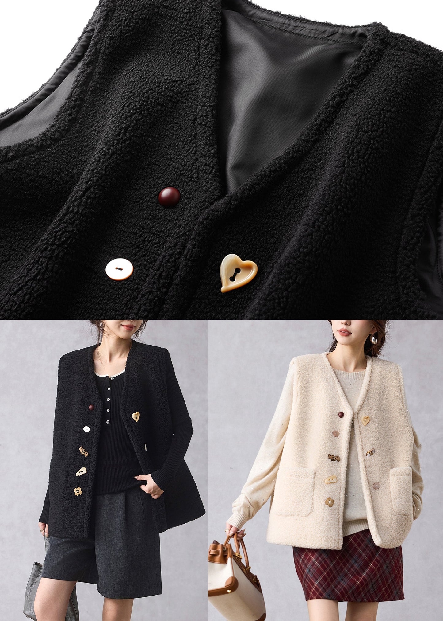 Black Button Faux Fur Waistcoat V Neck Sleeveless