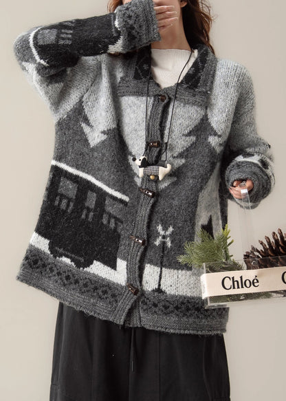 Black Button Jacquard Cozy Knit Coat Peter Pan Collar