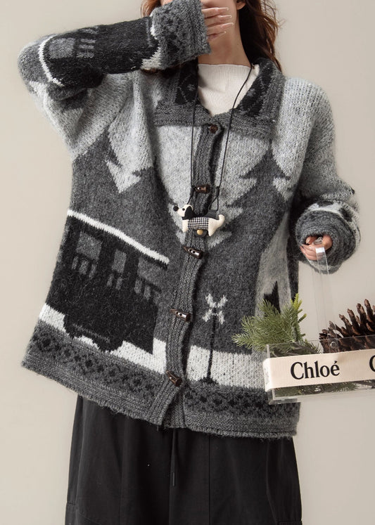 Black Button Jacquard Cozy Knit Coat Peter Pan Collar