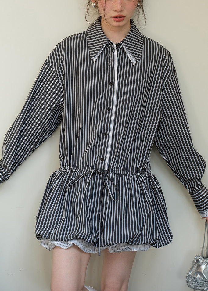 Black Button Lace Up Cotton Fall Shirt Dresses Peter Pan Collar