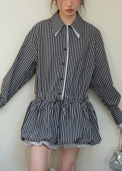 Black Button Lace Up Cotton Fall Shirt Dresses Peter Pan Collar