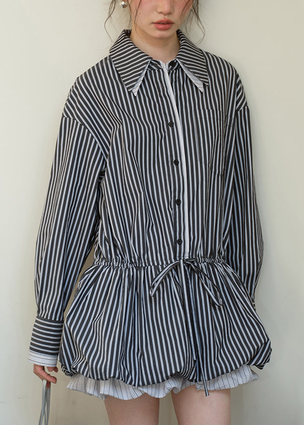 Black Button Lace Up Cotton Fall Shirt Dresses Peter Pan Collar