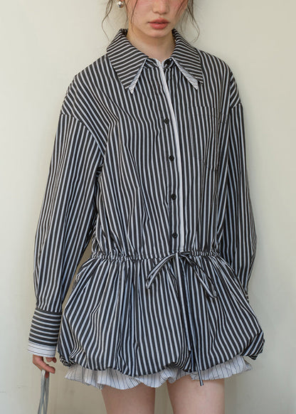 Black Button Lace Up Cotton Fall Shirt Dresses Peter Pan Collar