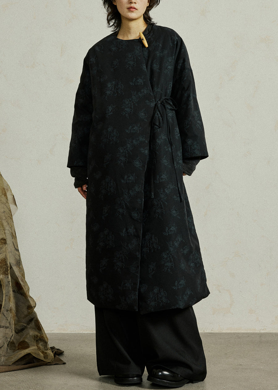 Black Button Lace Up Duck Down Winter Coats O Neck