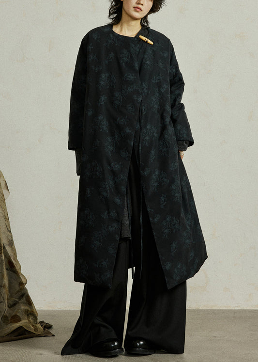 Black Button Lace Up Duck Down Winter Coats O Neck