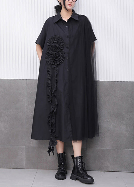 Black Button Long Dress Peter Pan Collar Summer