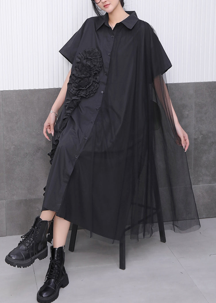 Black Button Long Dress Peter Pan Collar Summer