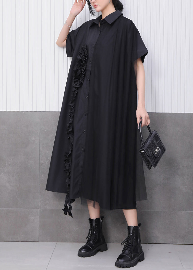 Black Button Long Dress Peter Pan Collar Summer