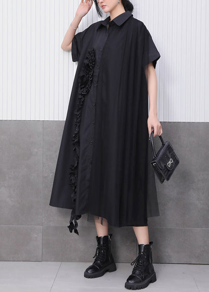 Black Button Long Dress Peter Pan Collar Summer