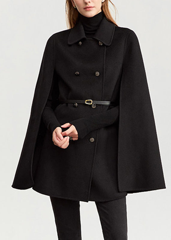 Black Button Patchwork Wool Solid Coat Fall