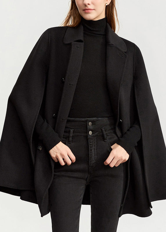 Black Button Patchwork Wool Solid Coat Fall