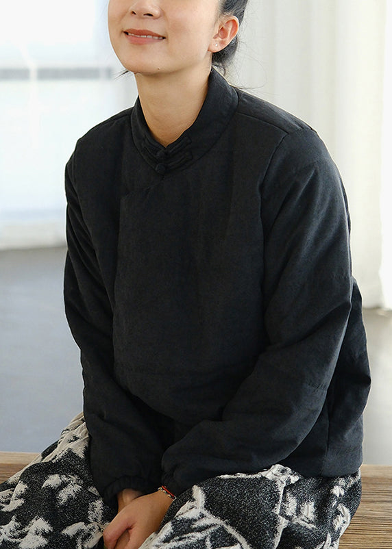 Black Button Pockets Solid Fine Cotton Coats Stand Collar