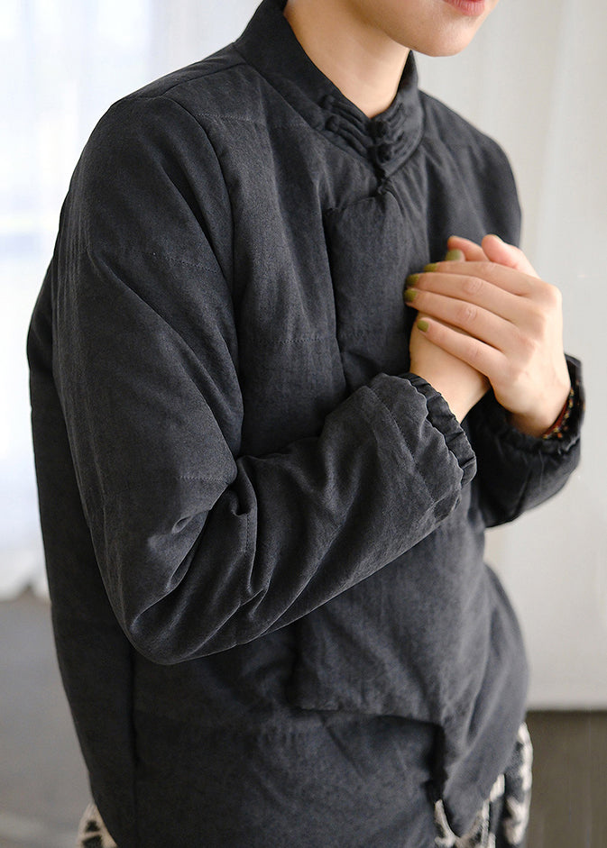 Black Button Pockets Solid Fine Cotton Coats Stand Collar