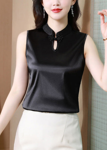 Black Button Stand Collar Solid Silk Vest Summer