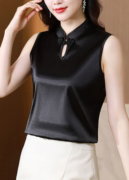 Black Button Stand Collar Solid Silk Vest Summer